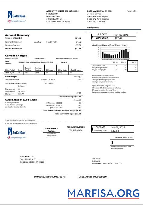 Realistic USA California SoCal Gas business utility bill template in Word and PDF formats